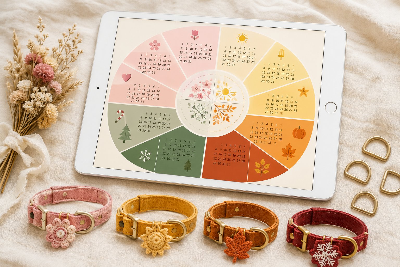 Rueda del calendario de ventas anual con mini collares de temporada en tableta