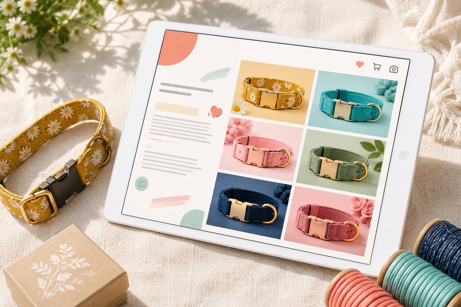 Guía de ventas en PDF que muestra la cuadrícula de productos de collares en una tableta.
