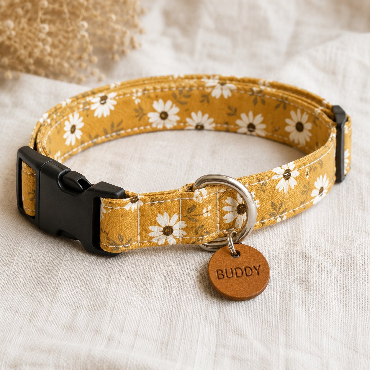 Mustard yellow daisy print adjustable fabric dog collar