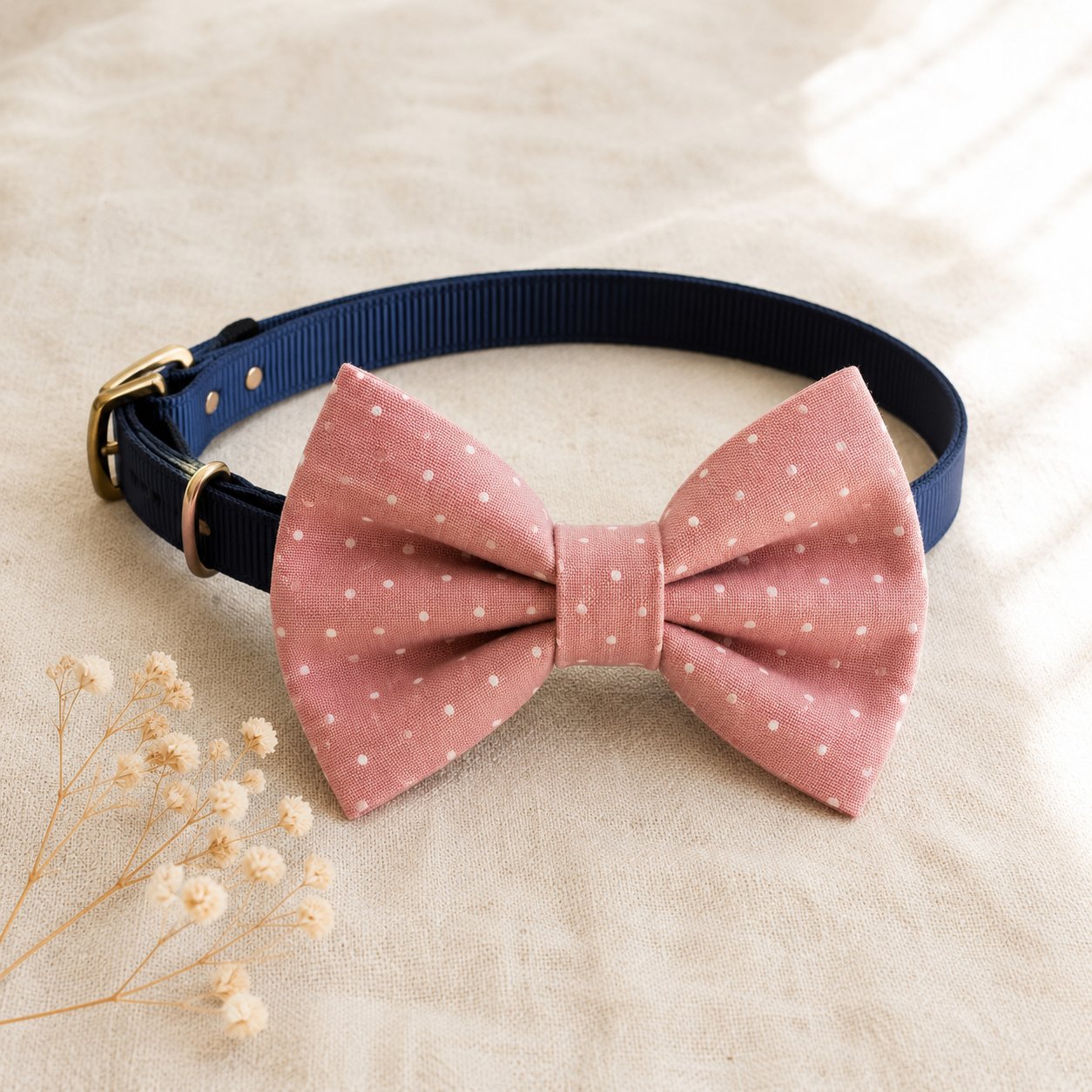 Navy dog collar with dusty rose polka dot bow tie