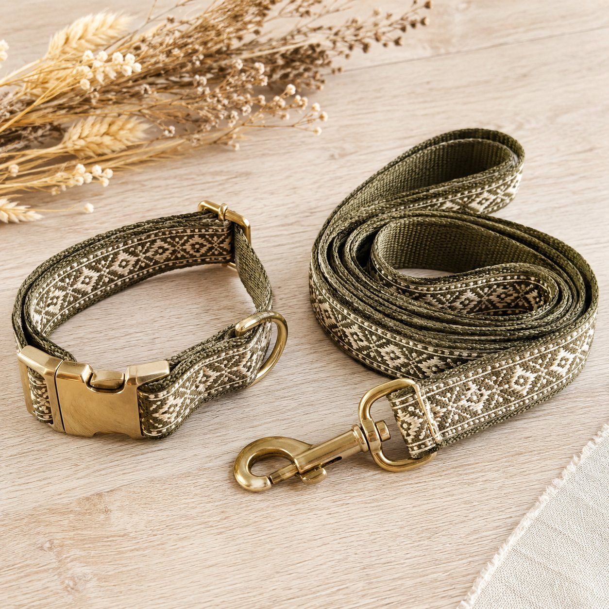 Matching dog collar and leash set in olive sage with cream pattern