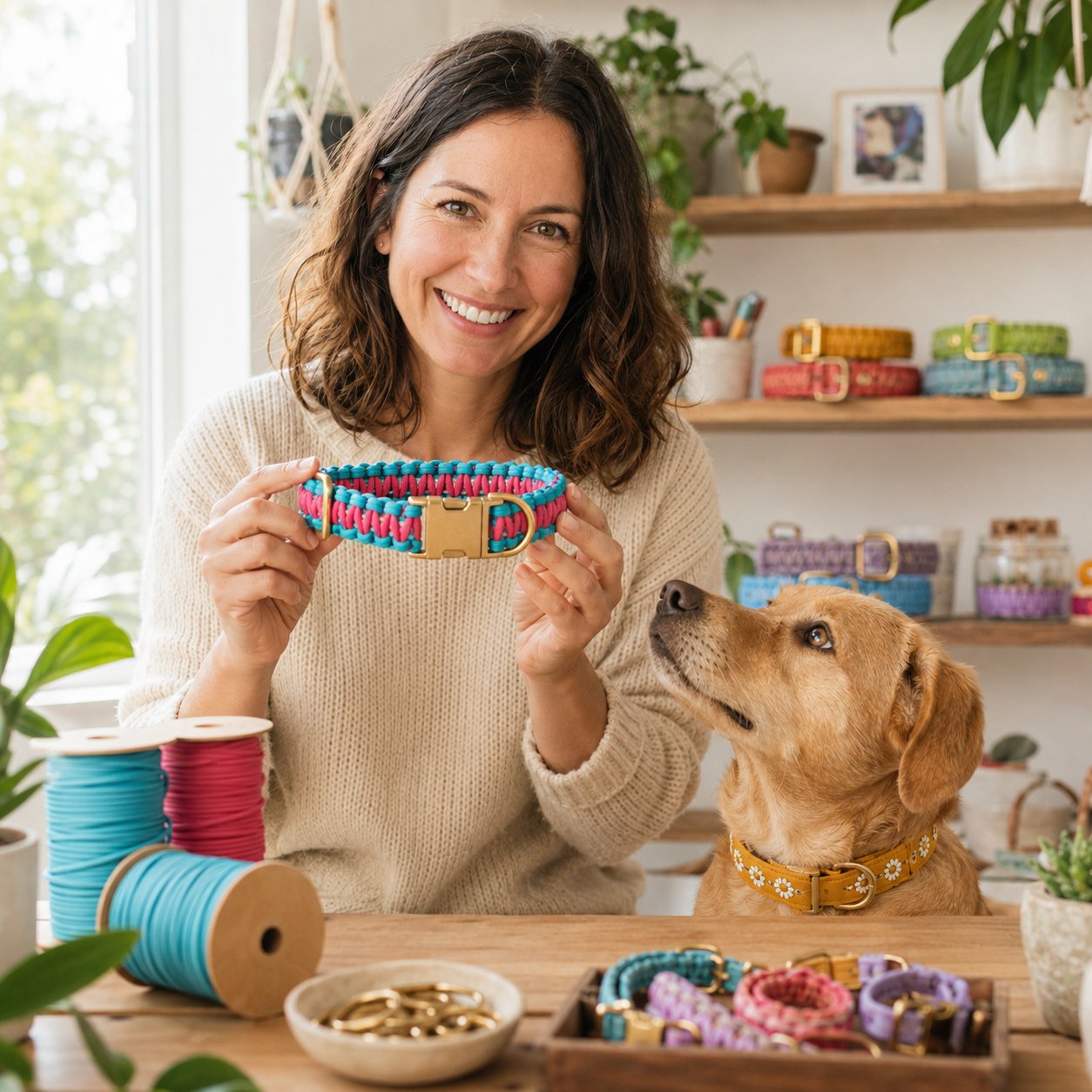 Happy crafter holding finished colorful paracord collar with her dog wearing a daisy collar beside her