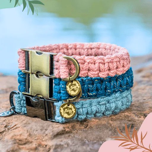 Three matching macrame dog collars in pink and blue tones